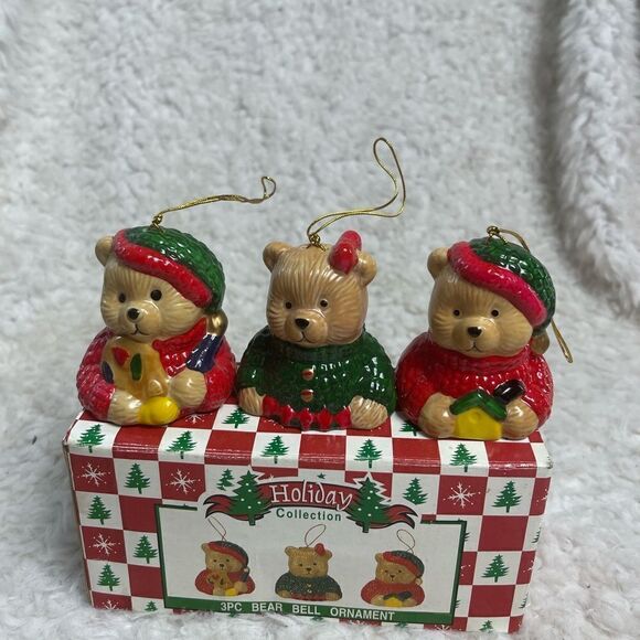 New in Box set of 3PC  ceramic Bear Bell Ornament Red ,Green & Tan colors - Picture 5 of 12